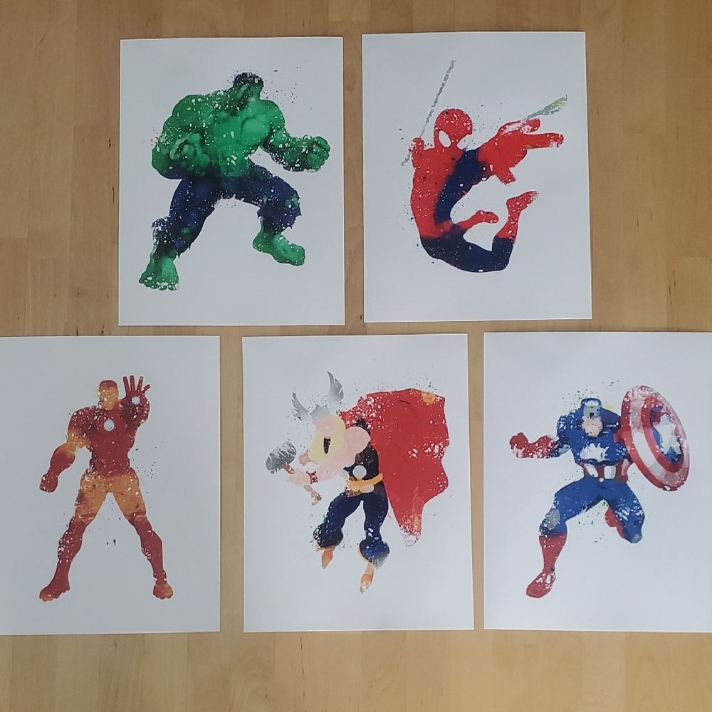 Set of 5 Superhero Watercolor Art Prints – Marvel & Avengers – 8.5x11
